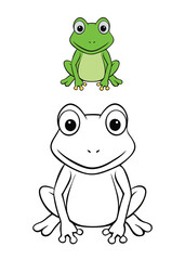 A playful frog coloring page vector illustration, featuring a cute, friendly frog sitting on a lily pad, with large eyes and simple outlines, perfect for kids to color.