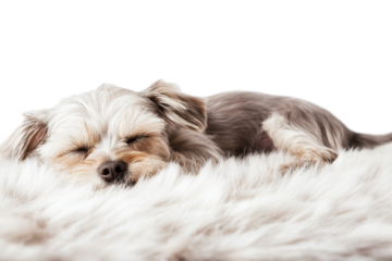 High-Quality PNG Small Terrier Dog Sleeping on Fur Blanket Isolated on White Background – High Resolution