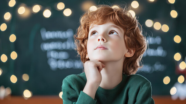 Thoughtful young boy with curly hair looking up, surrounded by twinkling lights and a warm classroom setting, inspiring creativity and imagination in children