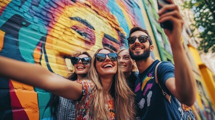 Friends taking a selfie in front of a vibrant mural in the city