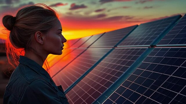 Solar Energy Hope: A woman stands in silhouette against a stunning sunset, gazing at rows of solar panels, symbolizing a bright future powered by renewable energy.  