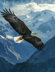 Majestic Bald Eagle Soaring Over Snowy Mountains