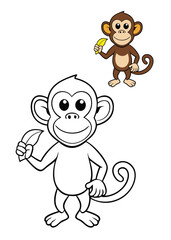 A fun coloring page featuring a playful monkey holding a banana, with simple outlines perfect for kids to color in, showcasing a cute and cheerful scene.