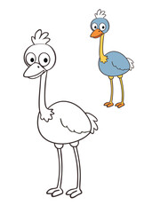 A fun ostrich coloring page featuring a tall, graceful bird with a long neck, fluffy feathers, and large eyes. Perfect for kids to explore creativity and color!
