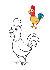 A rooster coloring page featuring vibrant feathers, a bright red comb, and a bold stance, perfect for creative expression with a mix of warm and natural colors.
