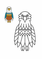 A zentangle-eagle coloring page features a majestic eagle outlined with intricate patterns and swirling designs, offering a relaxing and creative coloring experience.