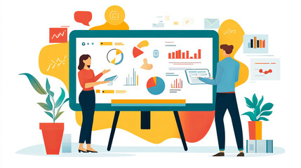 Fototapeta premium digital whiteboard displaying virtual meeting with charts and graphs. Engaging visuals enhance collaboration and communication