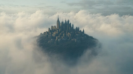 mystical city on hill, partially obscured by fog, evokes wonder
