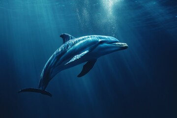 Graceful Dolphin Swims Through Ocean Depths Sunlight Beams