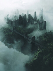 Fototapeta premium misty cityscape featuring bridge partially obscured by fog, evoking mystery and intrigue