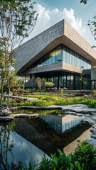 Obraz premium modern library with carbon neutral design surrounded by lush greenery and water features, showcasing sustainable architecture