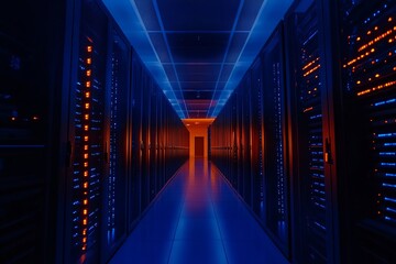Fototapeta premium Data Flow Through Storage: Blue and Orange Lights in Cloud Computing Infrastructure Room. Cybersecurity, Hosting, and Database Support with Black Connection Racks.