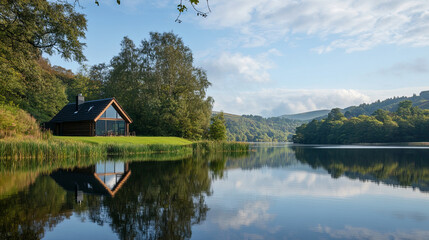 Obraz premium serene landscape featuring carbon neutral cabin by tranquil lake, surrounded by lush greenery and mountains