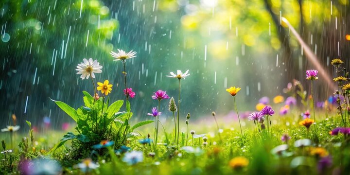 Softly falling raindrops on a serene forest floor, surrounded by lush greenery and vibrant wildflowers, symbolizing calmness and tranquility in nature , relaxation, rain - Powered by Adobe