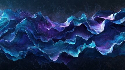Naklejka premium A photorealistic abstract design of intertwining blue and purple waves with glowing edges, flowing smoothly across a textured dark black background with soft light reflections