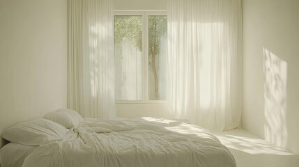 serene white minimal bedroom with large window and soft curtains, creating peaceful atmosphere
