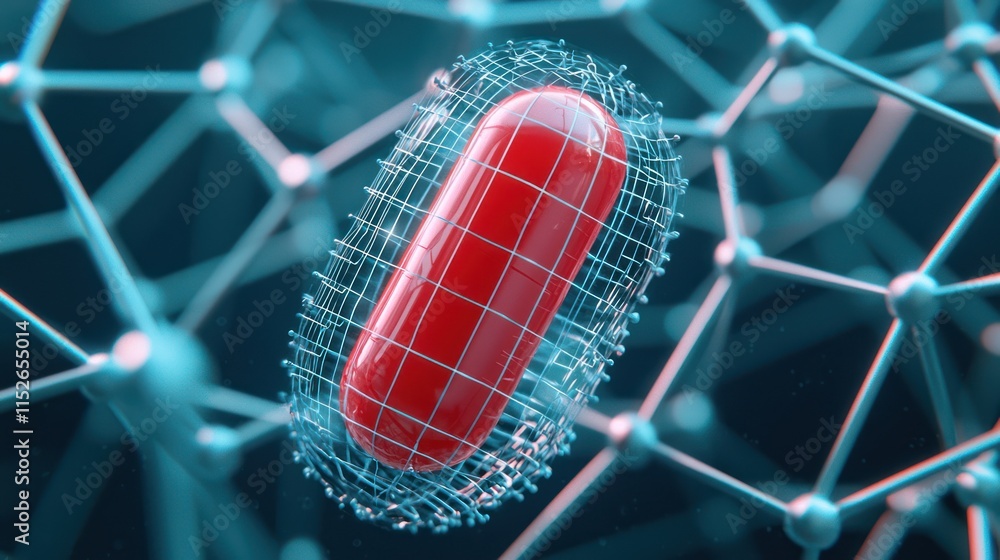 Poster a digital representation of a red capsule surrounded by a network of interconnected nodes, symbolizi