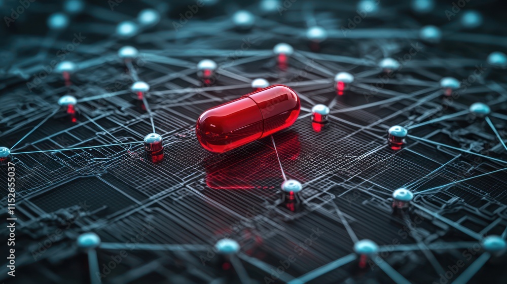Aufkleber a bright red capsule rests on a network of interconnected nodes, symbolizing the intersection of tec