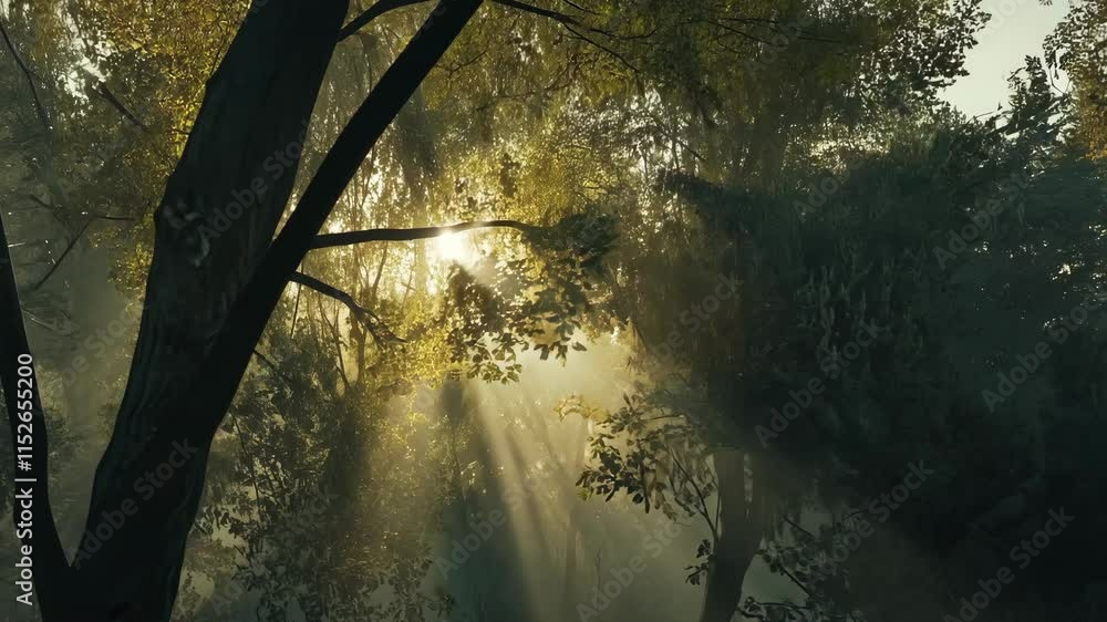 Poster sunlight filters through trees in a serene forest creating a tranquil atmosphere during early mornin