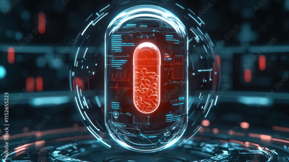 Poster a futuristic, glowing capsule filled with intricate patterns, surrounded by a high-tech digital inte
