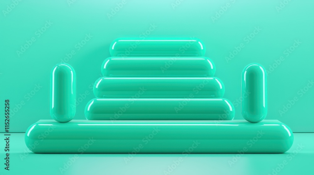 Poster a minimalist, mint-green structure resembling steps, created with smooth, rounded shapes, set agains