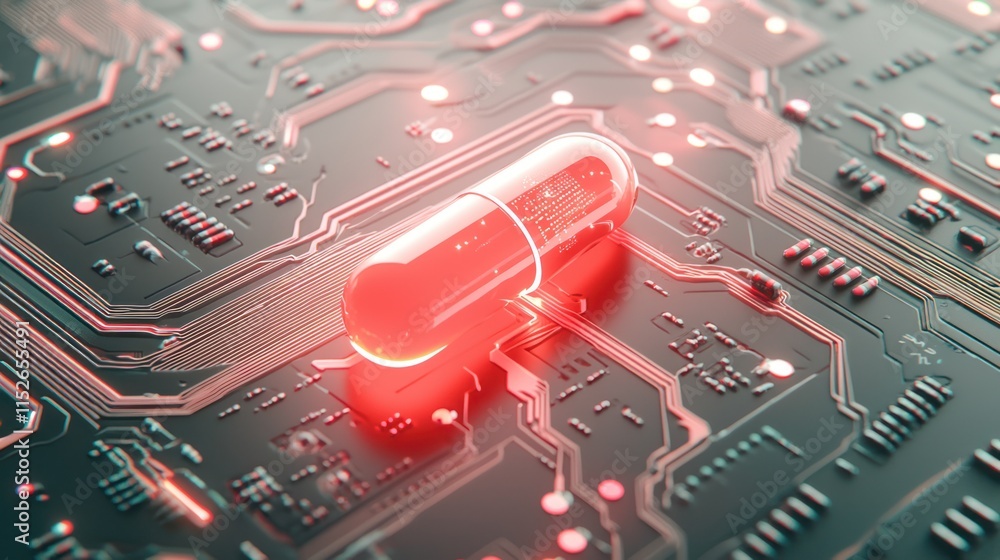 Poster a glowing red capsule rests on a circuit board, symbolizing the fusion of technology and health in a