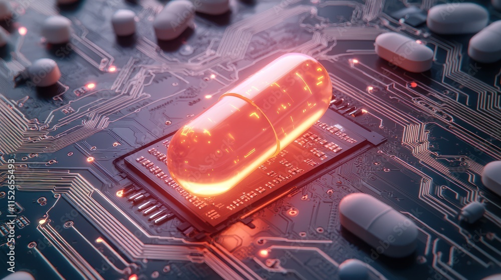 Poster a glowing capsule sits on a circuit board, symbolizing the intersection of technology and health in 