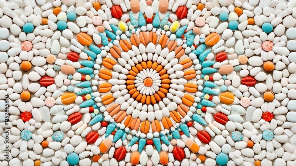 Poster a vibrant mandala created from colorful stones, showcasing intricate patterns and textures in a harm