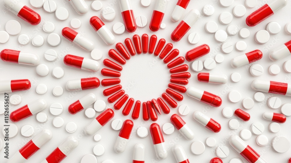 Poster a circular arrangement of red and white capsules and tablets, creating a visually striking pattern o