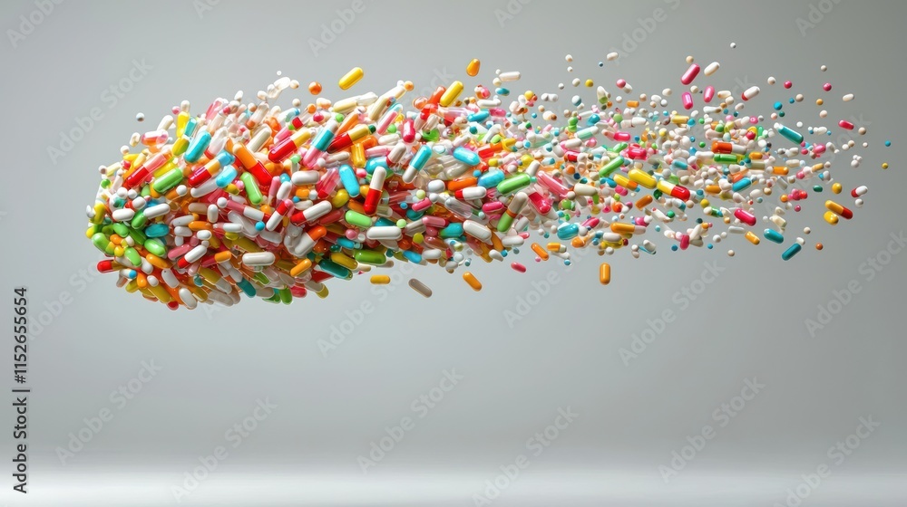 Poster a vibrant explosion of colorful pills appears to be in motion, creating a dynamic visual representat