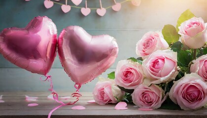 2 heart balloons, blurred background of red and pink roses, Valentine's Day concept
