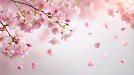 Fototapeta premium delicate pink sakura petals fall gently from a branch against a soft white background, nature's beauty, soft background