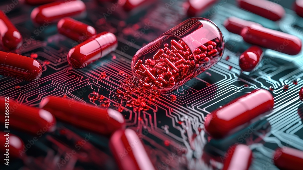 Aufkleber a close-up view of red capsules on a circuit board, symbolizing the intersection of technology and p
