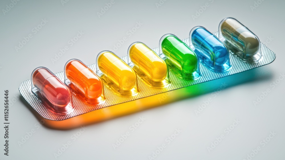Poster a vibrant array of colorful capsules arranged neatly on a blister pack, showcasing a spectrum of hue