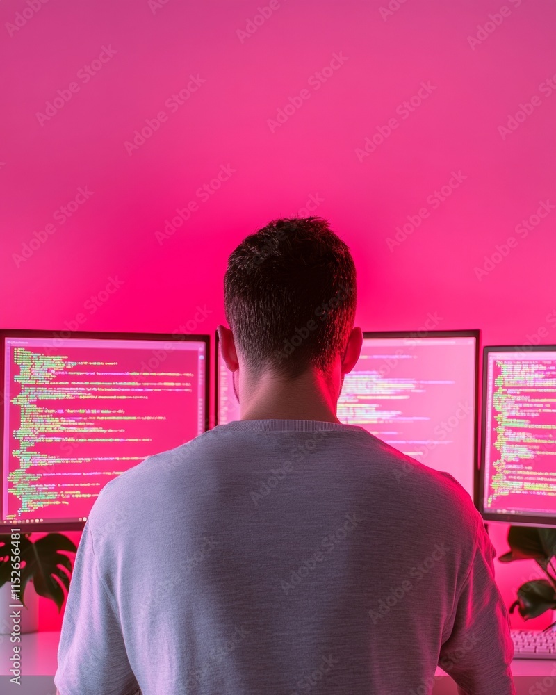 Poster Coder Working on Multiple Monitors in a Dark, Modern Workspace with Neon Lighting