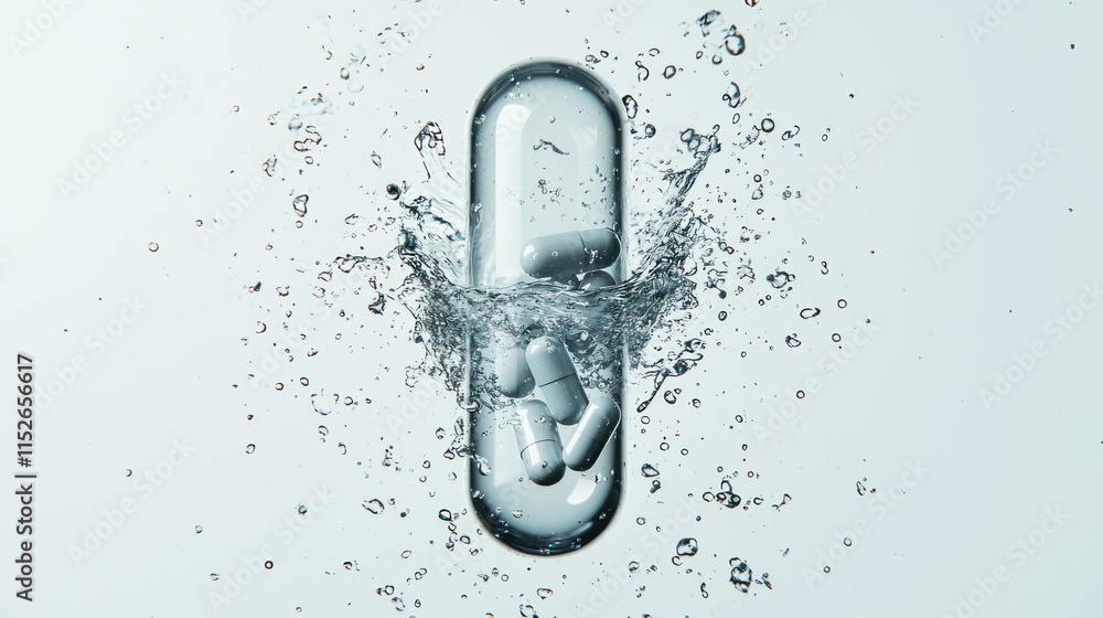 Poster a capsule splashes into water, creating a dynamic visual of interaction between the pill and liquid.