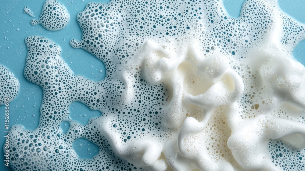 Poster a close-up view of white foam bubbles on a blue surface, creating a soft and airy texture.