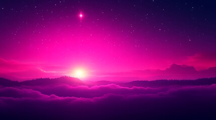 Naklejka premium Pink Sky Sunrise Over Misty Mountains And Stars