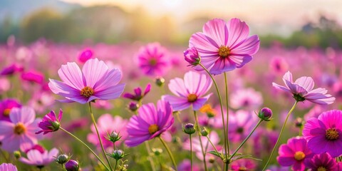 Vast cosmos flower field with vibrant purple and pink petals swaying gently in the breeze, floral motif, outdoor scene