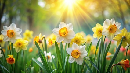 Fototapeta premium Freshly bloomed daffodils swaying gently in a spring breeze amidst lush green foliage and vibrant colorful flowers , greenery