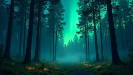 Obraz premium A magical forest under vibrant auroras, with shimmering leaves and glowing wildflowers. Mystical mist and detailed textures create a serene, enchanting tribute to Earth.