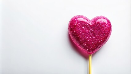 A delicate heart-shaped lollipop with a bright pink color and a sparkly sugar coating, sitting on a white background