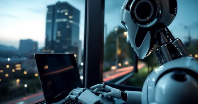 A humanoid robot sitting in a chair by a window in a home or office and typing on a laptop computer on a desk. 02.
