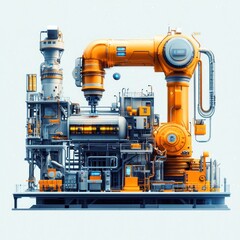Advanced Industrial Automation System Featuring Robotic Arm and Complex Machinery in Bright Orange and Silver Colors, Ideal for Technology and Manufacturing Concepts