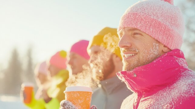 Cheerful Winter Runners Vibrant Beanies, Steamy Breath, and Hot Drinks Post-Run