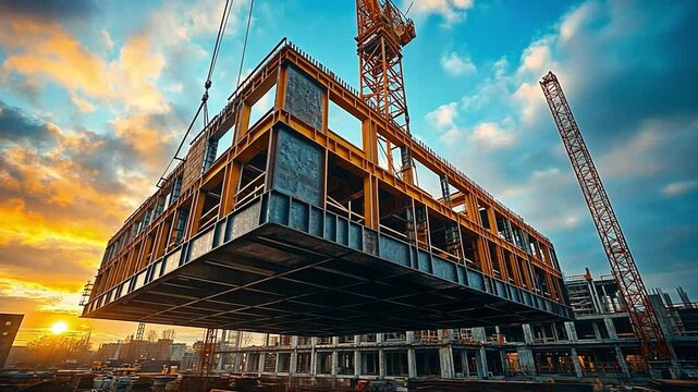 Golden Hour Construction: A majestic view of a large modular building section being lifted into place by a crane at sunset. The image showcases the scale and precision of modern construction. 