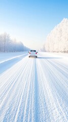 Serene Winter Drive Snowy Road at Sunset with Car Headlights