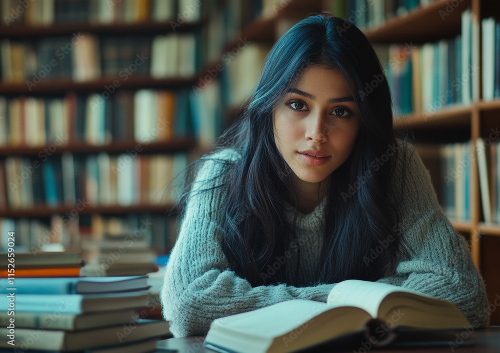 Poster focused study in a serene library setting during winter afternoon