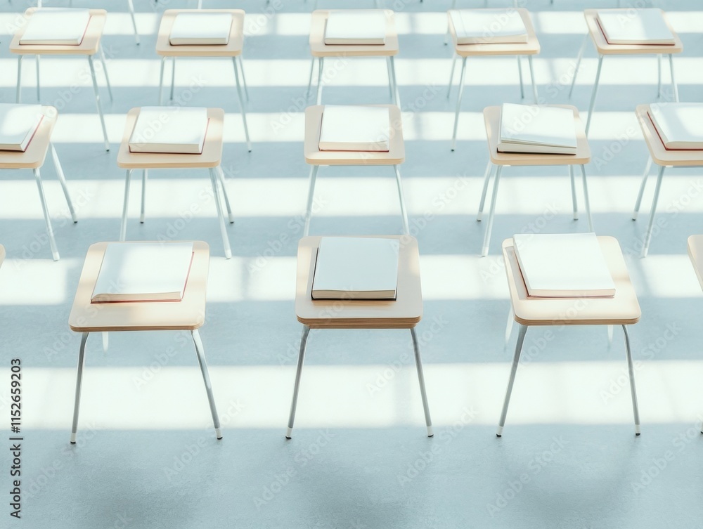 Poster structured winter classroom sunlit desks and study materials in tranquil academic setting