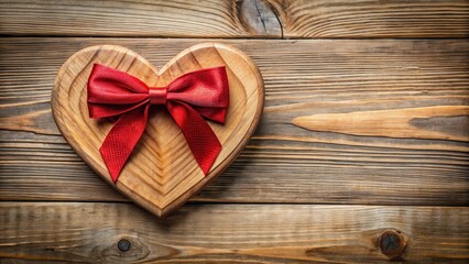 Fototapeta premium Colorful red bow tied around a wooden Valentine's Day heart decoration , holiday decoration , decor, holiday decoration